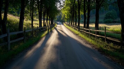 Obraz premium Warm sunlight casting long shadows in a quiet countryside, spiritual simplicity, copy space for text,