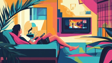 An Asian person lounges comfortably on a couch, watching television and enjoying a relaxing moment at home amidst colorful decor