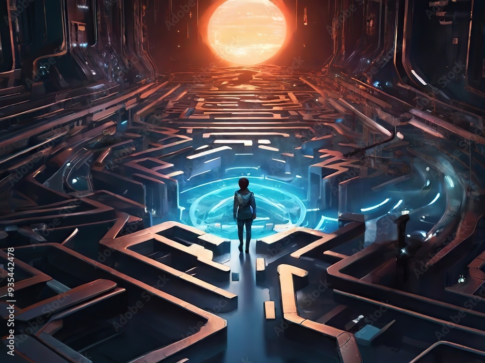 Poster man in front of a maze, computer digital drawing.
