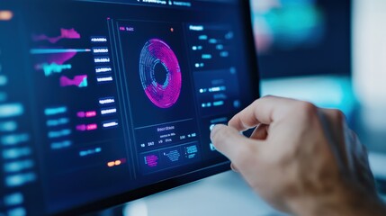 A close-up of a hand interacting with a digital interface displaying vibrant data visualizations and analysis tools.