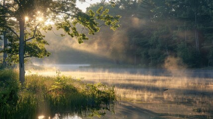 A peaceful summer morning by the lake, with mist rising from the water and the sun peeking over the trees