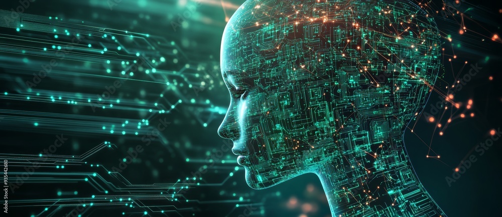 Poster stock image of a human head with a circuit board of digital binary digits.