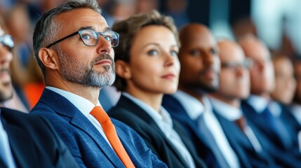 Obraz premium A focused audience engaging in an important presentation, showcasing various professionals in formal attire.