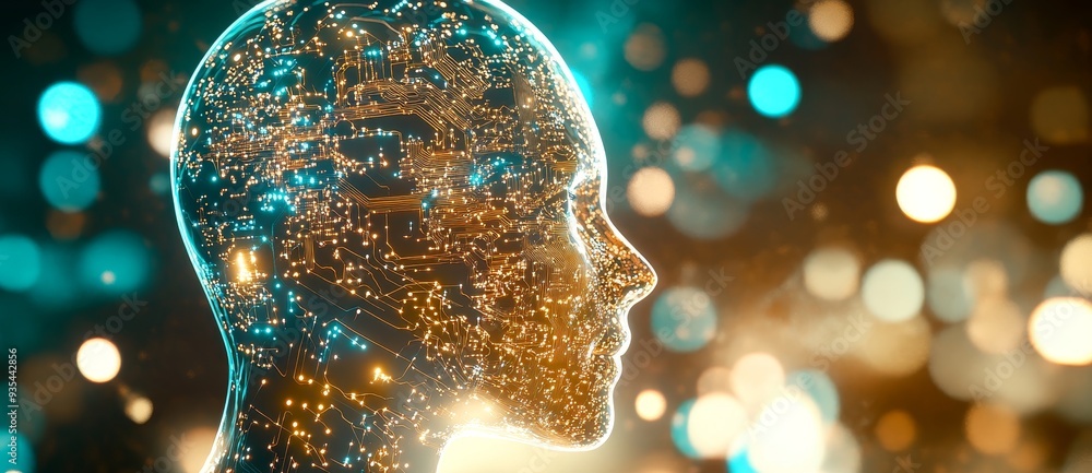 Poster presented on a blue background, this image shows a human head with a circuit board containing digita