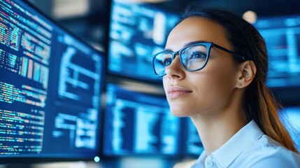 Fototapeta premium A focused woman analyzing data on multiple screens, representing technology and innovation in a modern workspace.