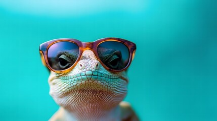 Close-up of a lizard in sunglasses with vibrant colors and a teal background.