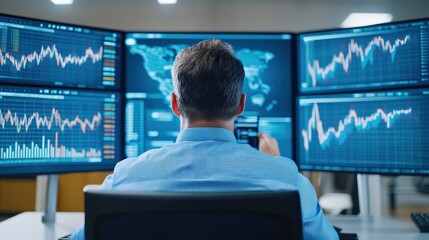 A professional analyzing data on multiple screens with stock market graphs and financial metrics for strategic decision-making.