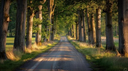 Naklejka premium A quiet country road lined with tall trees, casting dappled shadows on the sunlit path