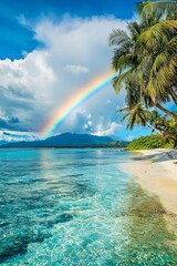 A rainbow over a tropical island, with crystal-clear waters, white sandy beaches, and lush palm trees swaying in the breeze. 
