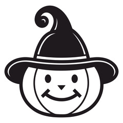 A smiling jack-o'-lantern wearing a witch's hat