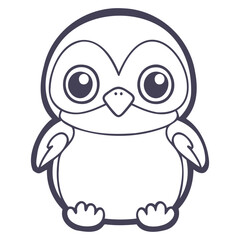 A cute cartoon penguin with large eyes and a small beak, sitting on the ground