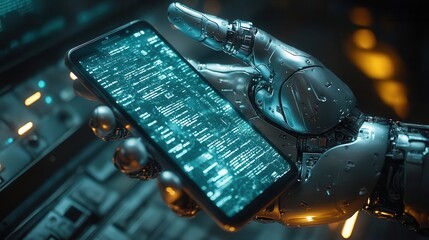 futuristic robotic hand gently cradling a sleek smartphone metallic fingers reflecting ambient light against a backdrop of holographic data streams