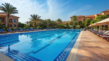 A sparkling swimming pool with clear blue water, surrounded by sun loungers and palm trees