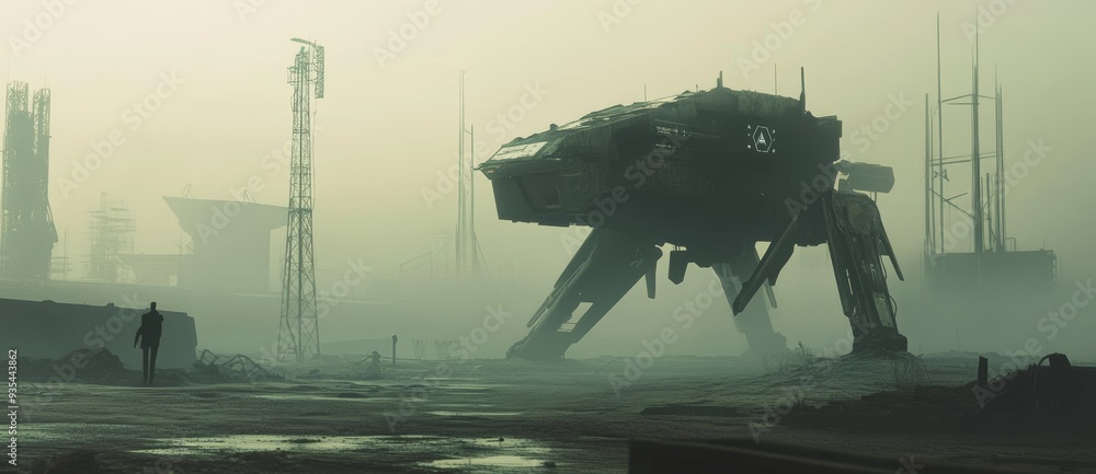 Poster future apocalypse image with military robots destroying cities and structures.