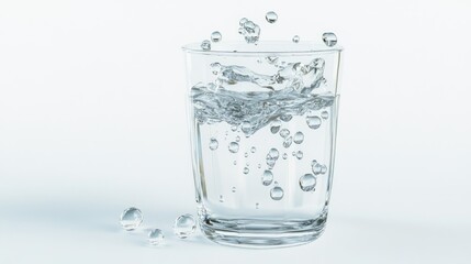 Elegant 3D illustration of water droplets melting and evaporating next to a glass of water, isolated on a crisp white background for a clear visual effect.
