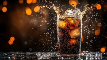 The flow of cola drink liquid against a dark background. Close-up.