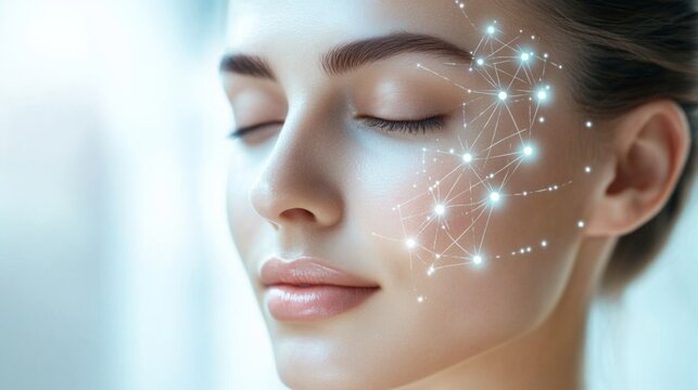 A woman relaxes with her eyes closed as glowing connections map her facial features against a bright background.