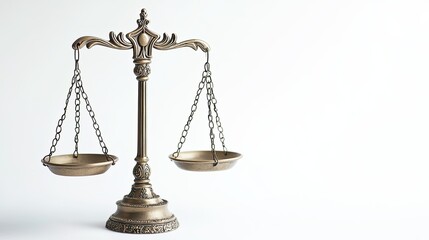 Elegant close-up of the justice scales, placed on a clean white background, creating a professional and refined look for a law office.
