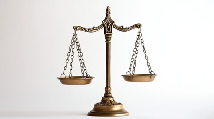 Elegant close-up of the justice scales, placed on a clean white background, creating a professional and refined look for a law office.