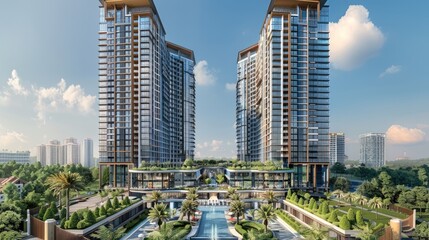 Fototapeta premium The exterior view for a twin tower hotel complex with high-rise buildings on both sides and green landscape design at ground level. The main entrance is located in front, surrounded by trees.