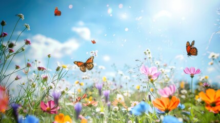 A sunlit field of blooming wildflowers, with butterflies fluttering and a clear blue sky in the background