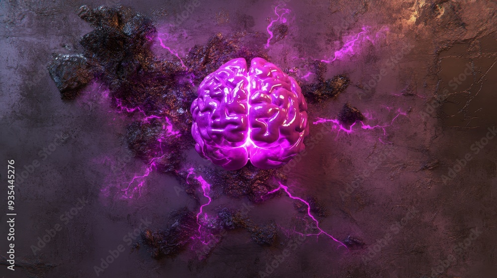 Poster illustration of a brain with glowing plexus lines on a background that looks like a network.