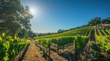 Obraz premium A sunlit path through a vineyard, with rows of grapevines stretching out under a clear blue sky