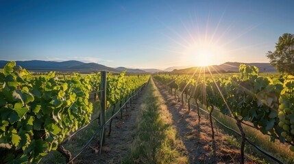 Fototapeta premium A sunlit path through a vineyard, with rows of grapevines stretching out under a clear blue sky