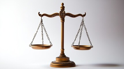 Minimalist close-up of justice scales against a plain white backdrop, highlighting their detailed craftsmanship for a legal office environment.