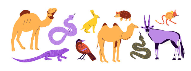 Set of desert animals in flat style. Summer, desert, animals. Hand drawn vector illustration.