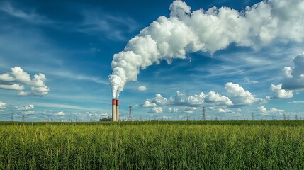 A red industrial pipe releasing white smoke into the sky, located in a rural field, illustrating...