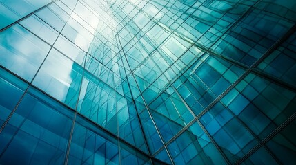 Fototapeta premium Against a background of abstract blue glass walls, a glass wall building features a futuristic concrete floor design.
