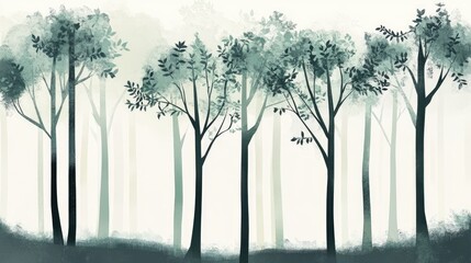 Minimalist forest view with clean, abstract trees and subtle green foliage, capturing a peaceful and uncluttered natural setting.