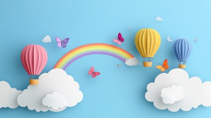 A vivid paper cut sky with clouds, a hot air balloon, and a rainbow landscape background.