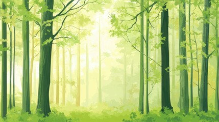 Minimalist forest view with clean, abstract trees and subtle green foliage, capturing a peaceful and uncluttered natural setting.