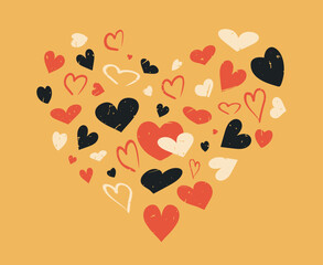 Heart shape made of different hearts isolated on yellow background with grunge texture. Vintage retro style poster with heart symbols. Vector illustration