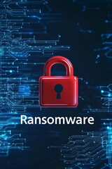 A red padlock icon. with a bold text "Ransomware", with a background of encrypted data streams in various shades of blue 