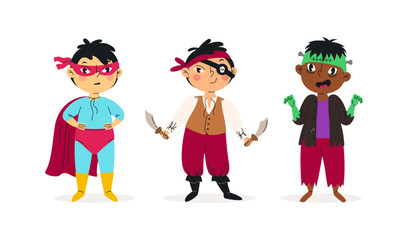 Set of funny boys in halloween costumes. Vector illustration. Happy and cute carnival kids. Pirate, frankenstein and super hero. Characters design. For stickers, kids design, holiday banners