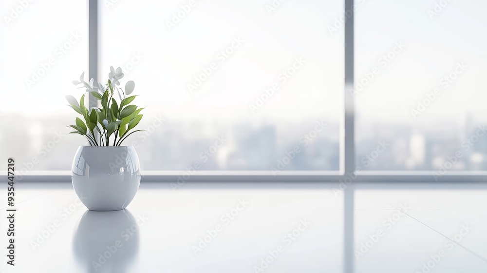 Poster An office lobby with a blurry white background is shown in this stock image.