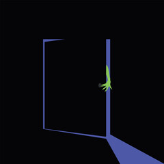 Open door with a scary monster hand sticking out of it. Vector illustration © Mariia
