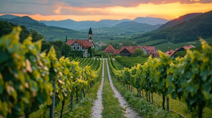 Scenic vineyard landscape with lush grapevines at sunset