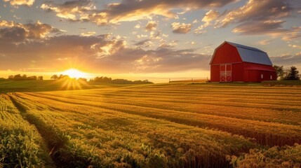 Golden hour at a rural farm, with the sun setting behind a red barn and fields of crops bathed in warm light