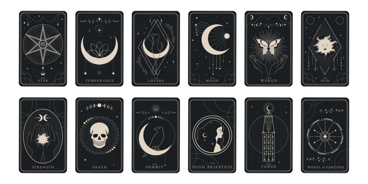 Magical tarot cards design set of Major Arcana symbols. Tarot symbolism. Mystery, astrology, alchemy. Vector illustration