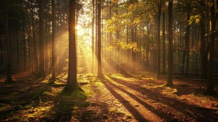 Obraz premium Golden hour light streaming through a forest, casting long shadows and warm tones on the trees and ground