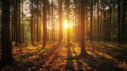 Obraz premium Golden hour light streaming through a forest, casting long shadows and warm tones on the trees and ground