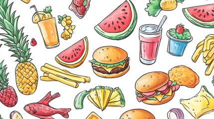 A set of cartoon food illustrations, with bright colors and high saturation. The background is white.