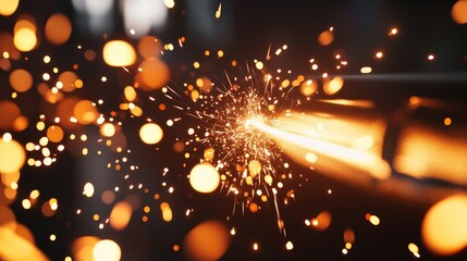 Obraz premium The image shows a laser cutting machine head with sparks against an industrial background.