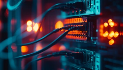 Fototapeta premium Close-up of Data Server Rack with Network Cables and LED Lights Modern Data Center Technology