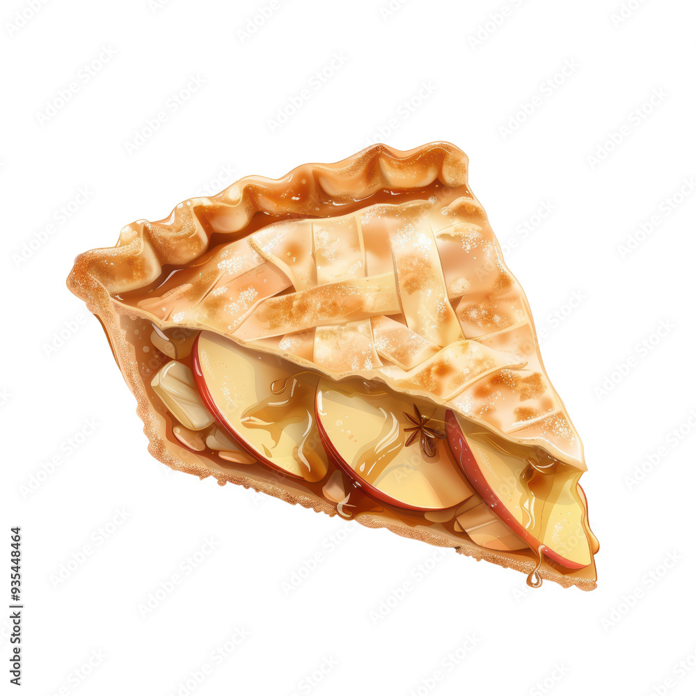 Poster close-up of a delicious apple pie slice with lattice crust and spiced filling