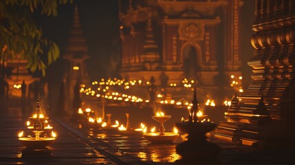 Obraz premium Diwali Evening at a Temple – A temple illuminated by rows of oil lamps, with worshippers gathered for evening prayers and the air filled with the scent of incense